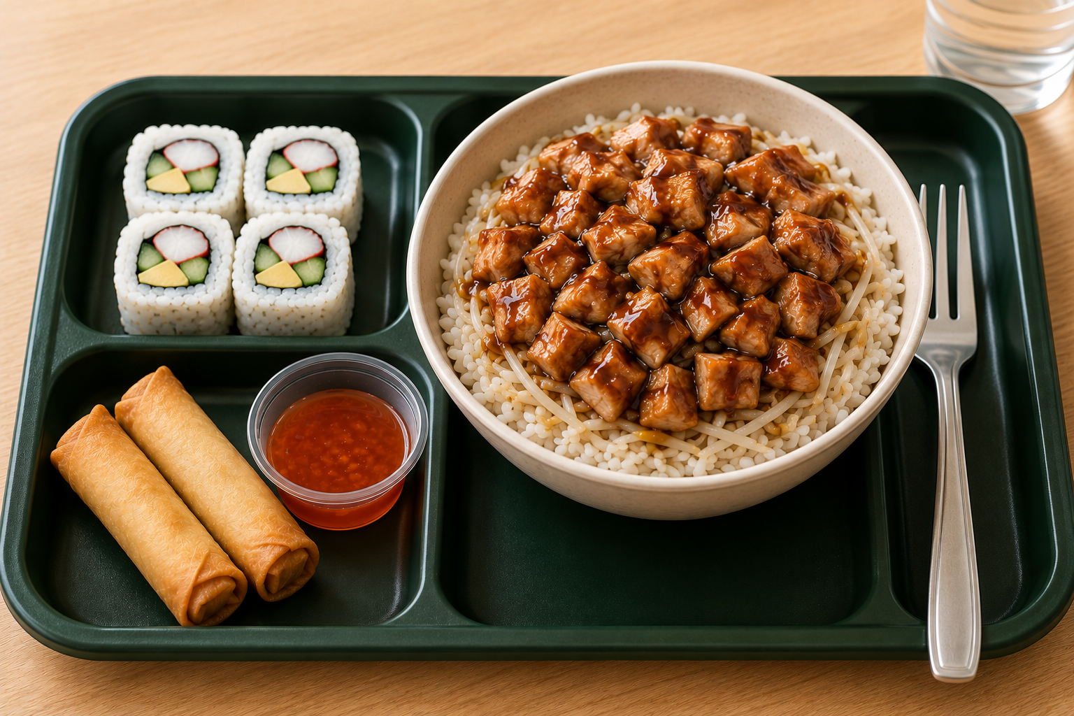 A school lunch tray with a teriyaki rice bowl, California rolls, spring rolls, and water.